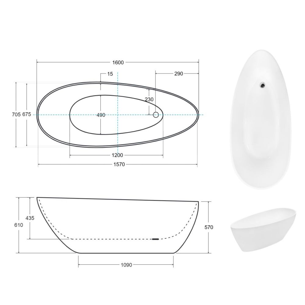 Cada baie freestanding ovala, compozit, alba, 160 x 70 cm, Besco Goya [4]