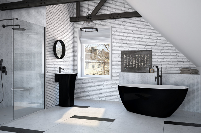 Cada baie freestanding ovala, compozit, negru/alb, 142x62 cm, Besco Goya Black&White [6]