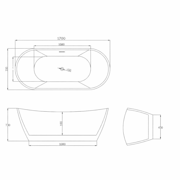Cada baie freestanding slim 170 x 77 cm, ovala cu preaplin, Bella Foglia [5]