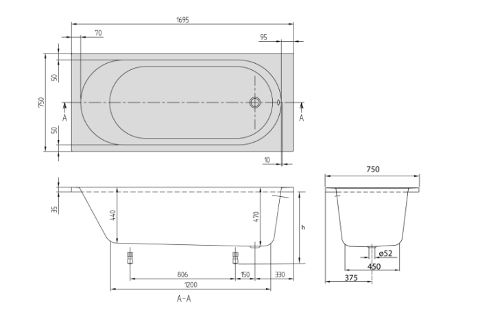 Cada baie incastrata 170x75 cm, dreptunghiulara din acril, alb alpin, Villeroy & Boch O.Novo [4]