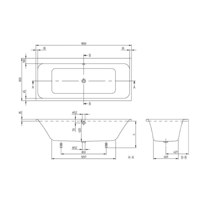 Cada baie incastrata 180x80 cm, dreptunghiulara, alb alpin, Villeroy & Boch Architectura [5]