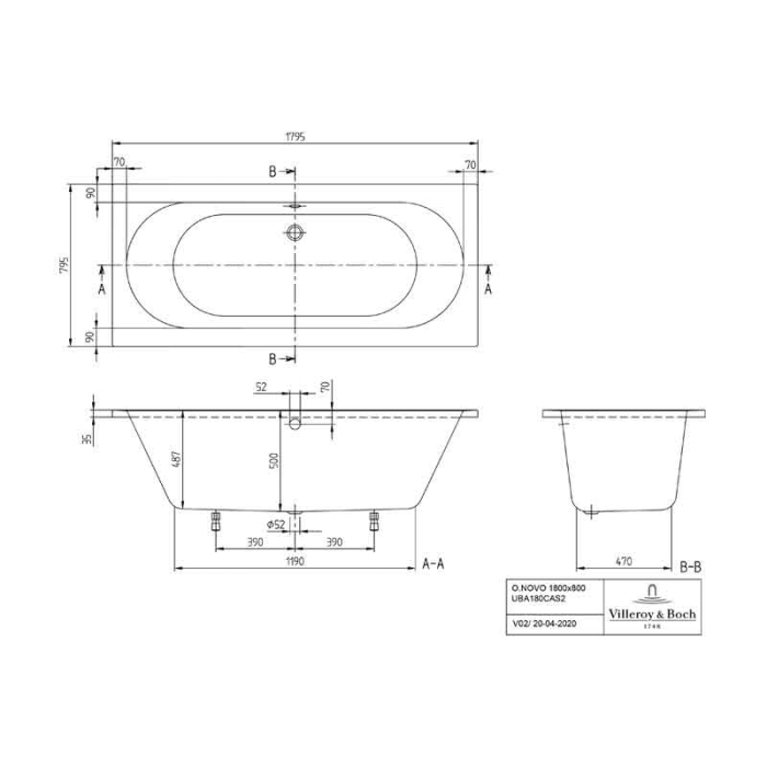 Cada baie incastrata 180x80 cm, dreptunghiulara din acril, alba, Villeroy & Boch O.Novo [5]