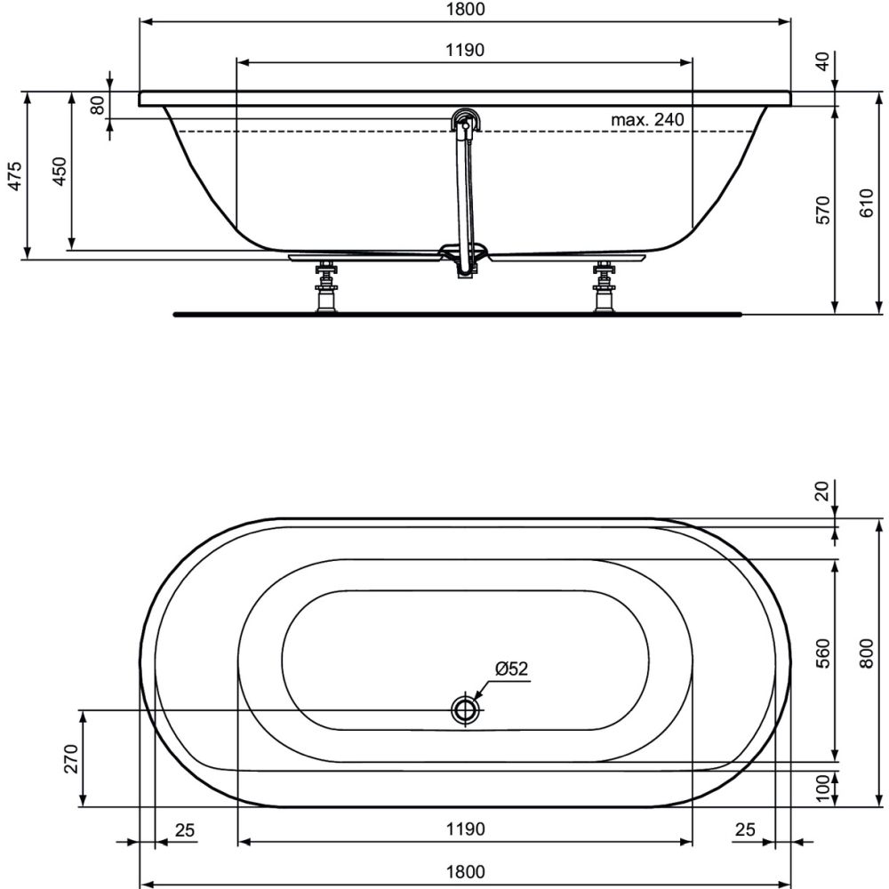 Cada baie incastrata Ideal Standard Connect Air, ovala, 180x80 cm [4]
