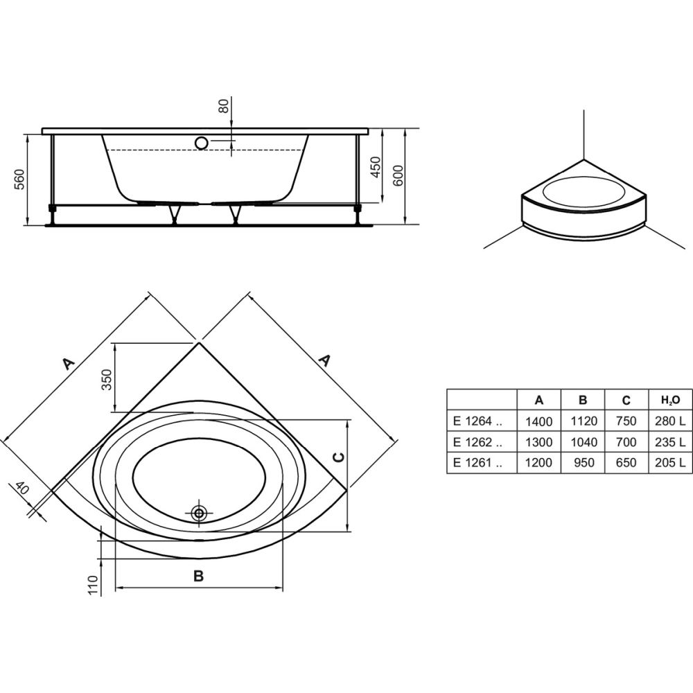 Cada baie pe colt Ideal Standard Connect Air, asimetrica, 130x130 cm [4]
