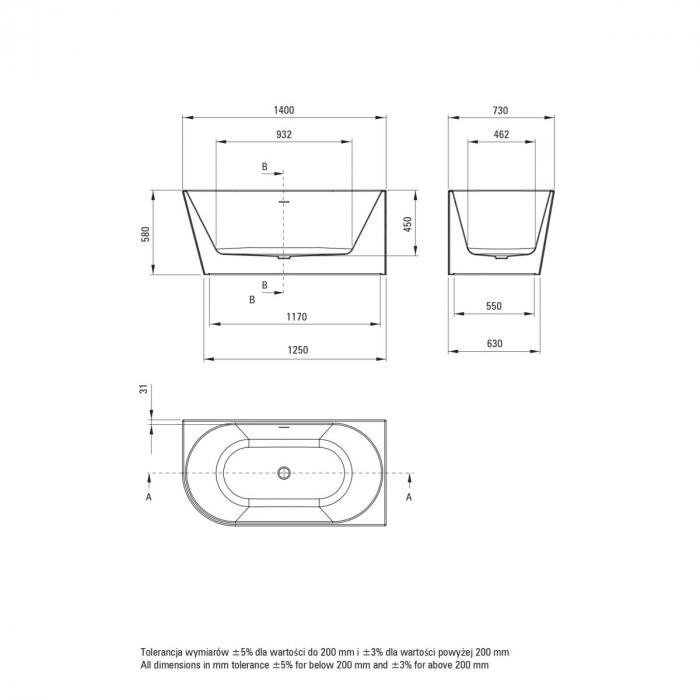 Cada baie freestanding, alba, 140x73 cm, orientare dreapta, Deante Silia [4]