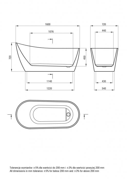 Cada baie freestanding, alba, 160x72 cm, asimetrica, Deante Arnika [6]