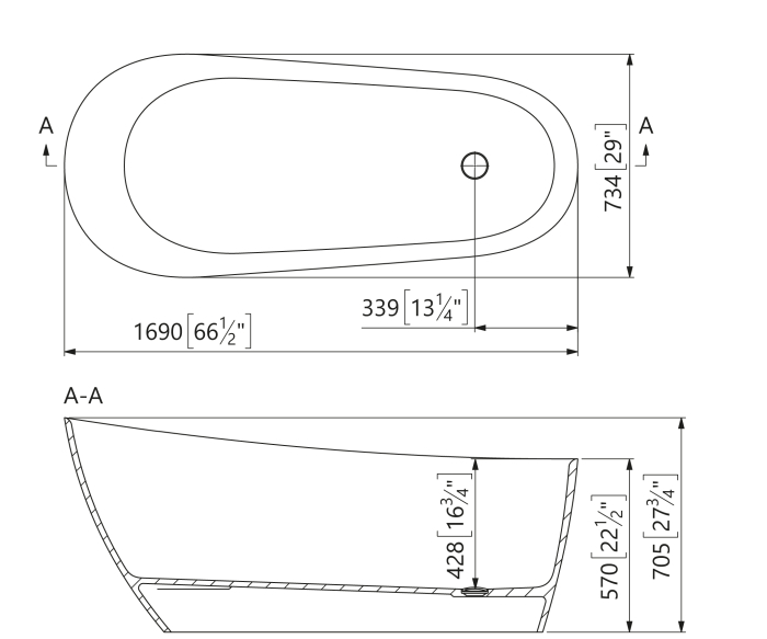 Cada freestanding ovala, compozit alb lucios, 168.7x73.4x70.5 cm, Foglia Belgravia [3]
