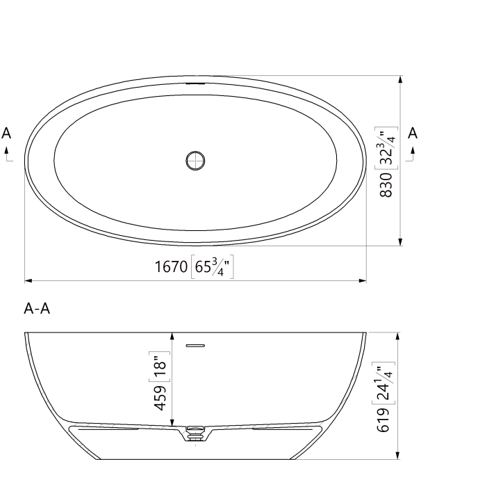 Cada freestanding ovala, compozit alb mat, interior lucios, 167x830x61.9 cm, Foglia Tuxedo [3]