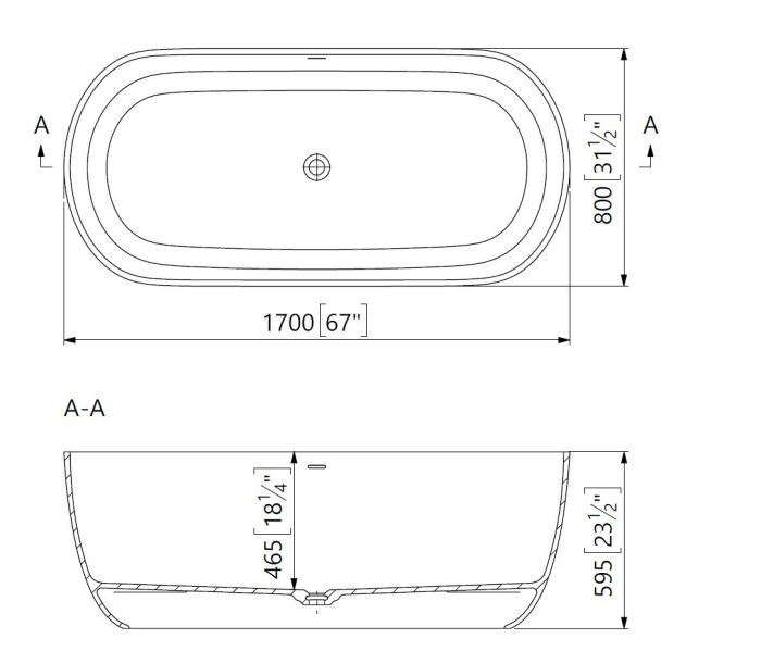 Cada freestanding ovala, compozit alb mat, interior lucios, 170x80x59.5 cm, Foglia Sophia [3]