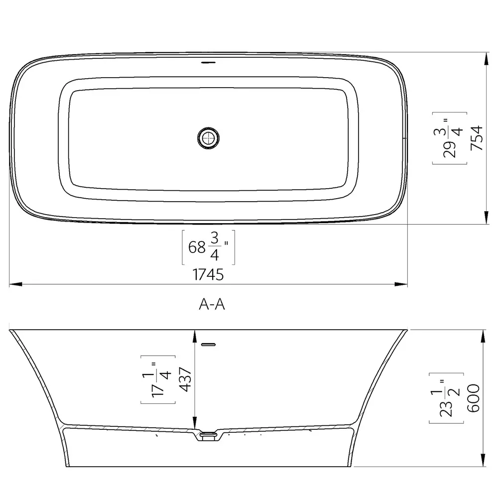 Cada freestanding, din compozit, 175x76 cm, cu preaplin,  Marmite Corsica [2]