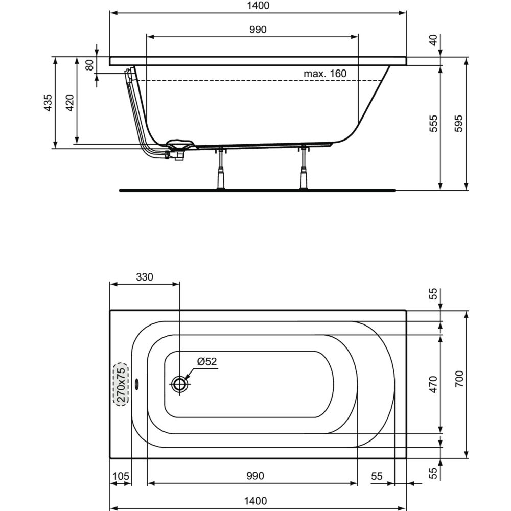 Cada baie incastrata Ideal Standard Simplicity, dreptunghiulara, 140x70 cm [3]