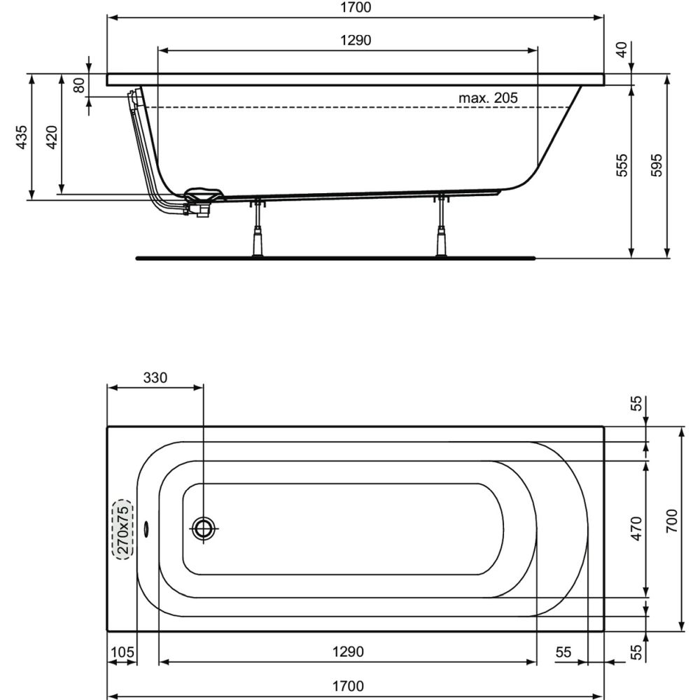 Cada baie incastrata Ideal Standard Simplicity, dreptunghiulara, 170x70 cm [4]
