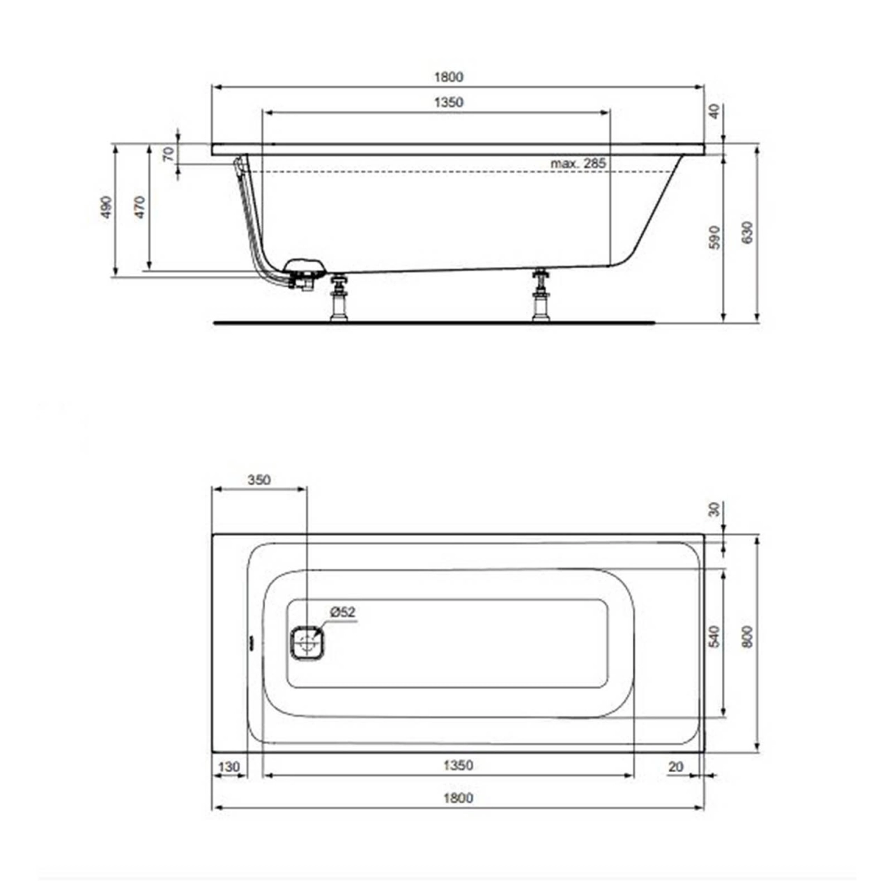Cada dreptunghiulara, 180x80 cm, alb lucios, ingropata,  Ideal Standard Tonic II [2]