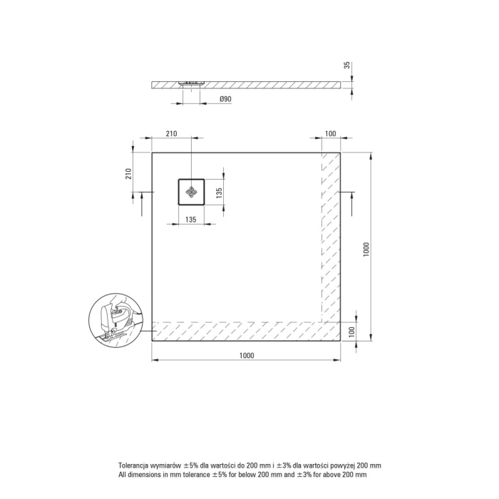 Cadita de dus patrata, acril, slim, alb, 100x100x4 cm, Deante Silia [4]
