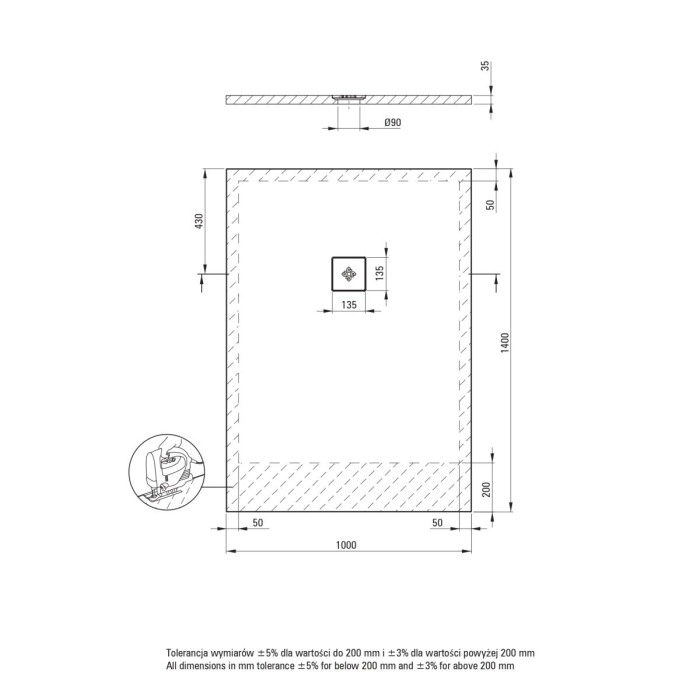 Cadita de dus dreptunghiulara, acril, slim, alb, 140x100x3.5 cm, Deante Silia [4]