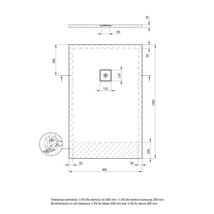 Cadita de dus dreptunghiulara, acril, slim, alb, 140x90x3.5 cm, Deante Silia [4]