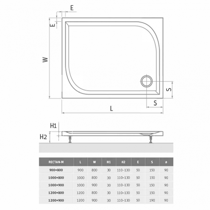 Cadita de dus dreptunghiulara, din marmura sintetica, Alba, 120x80x3 cm, Roth Rectan-M, picioruse incluse, finisaj anti-alunecare [5]