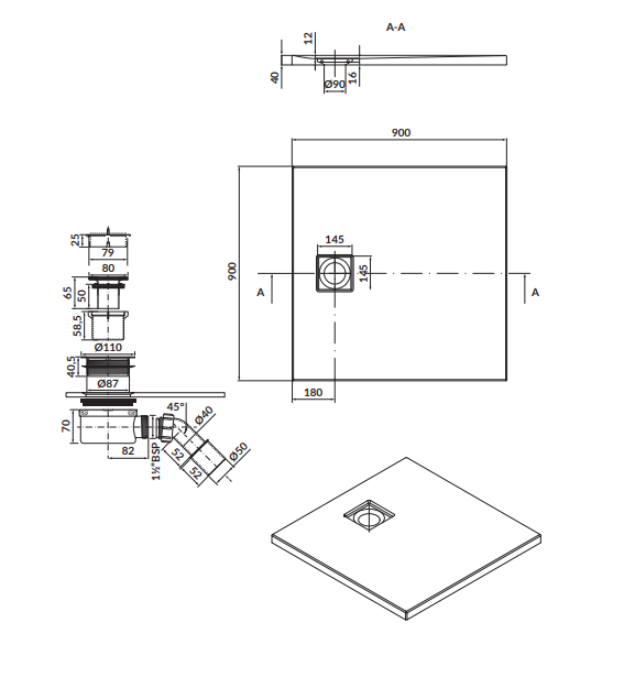 Cadita de dus patrata, acril, slim, alb mat, 90x90x4 cm, Cersanit Tako Slim [3]