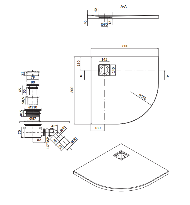 Cadita de dus remirotunda, acril, slim, alb mat, 80x80x4 cm, Cersanit Tako Slim [3]