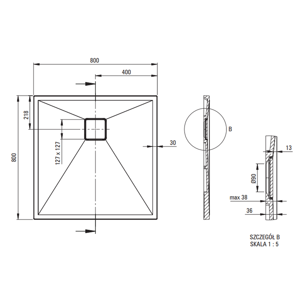 Cadita dus compozit slim patrata gri 80x80 cm Deante Correo Square [3]