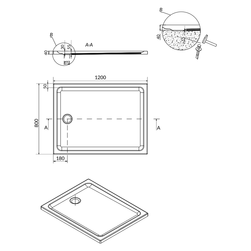 Cadita dus dreptunghiulara 120x90 cm Cersanit Tako - Resigilat [3]