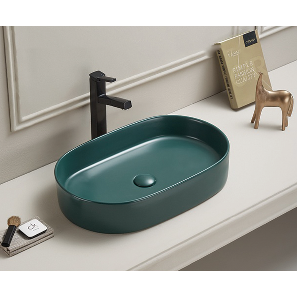 Lavoar baie pe blat, verde inchis mat, oval, ventil inclus, 52.5 cm, Adelais Foglia [2]