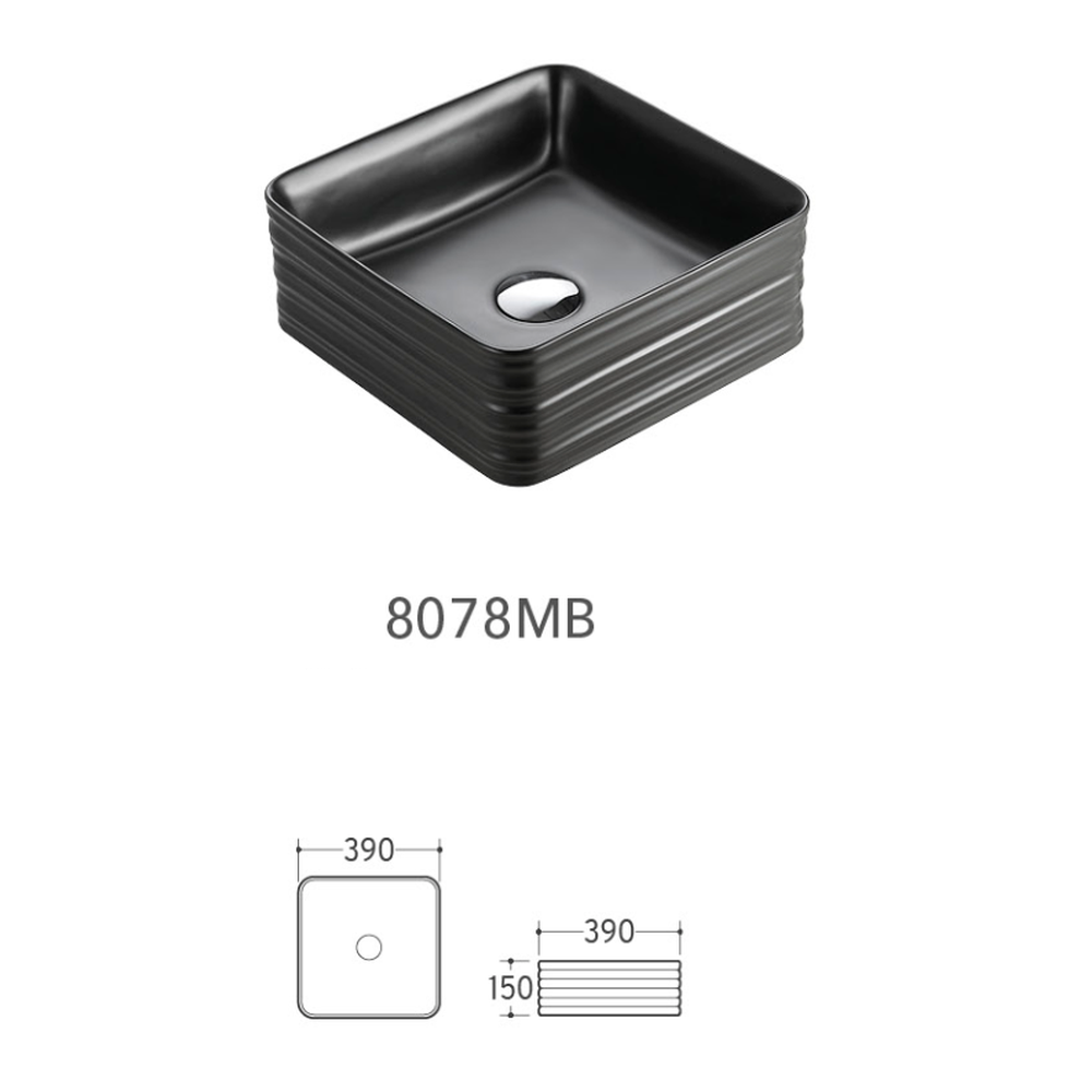 Lavoar pe blat negru mat 39 cm, patrat, ventil inclus, Fluminia My Black Box [7]