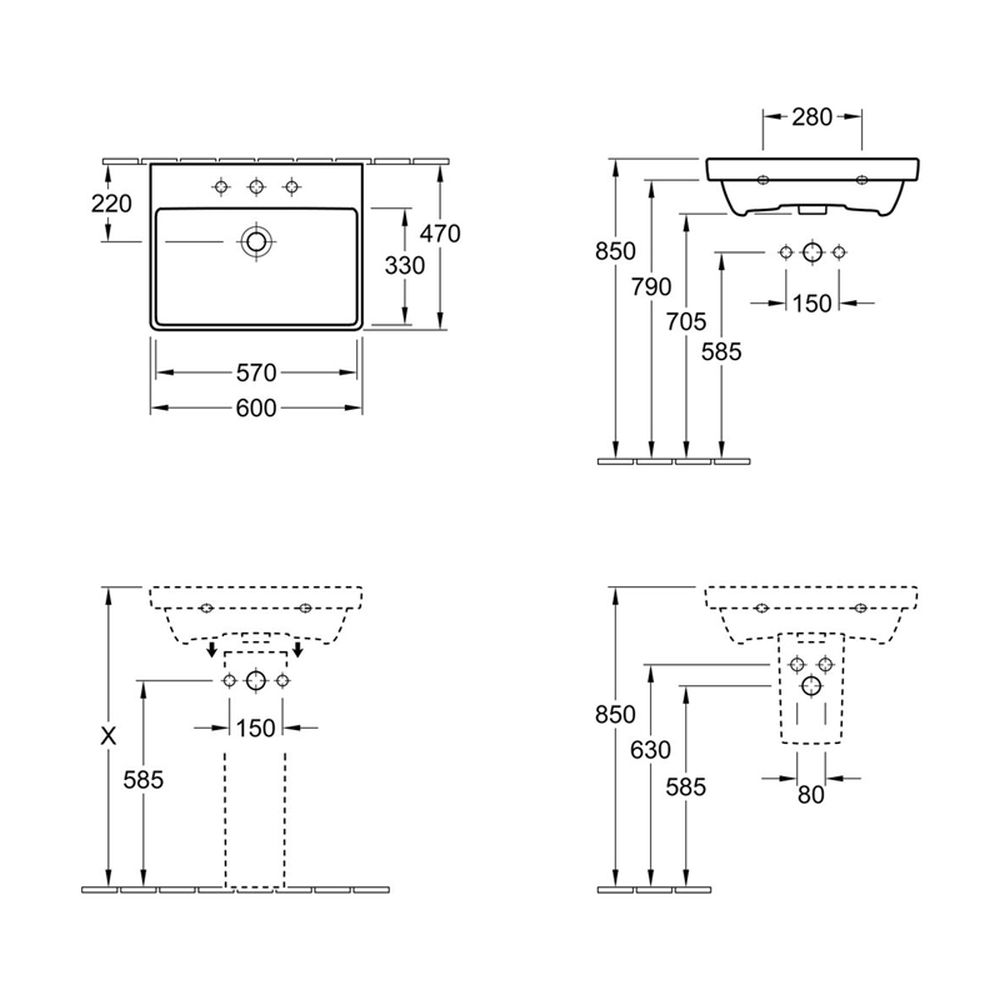 Lavoar baie suspendat alb 60 cm, dreptunghiular, Villeroy & Boch Avento [4]