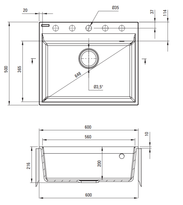 Chiuveta bucatarie din granit, dreptunghiulara, 60x50x21.6 cm, bej, Deante Corio [2]