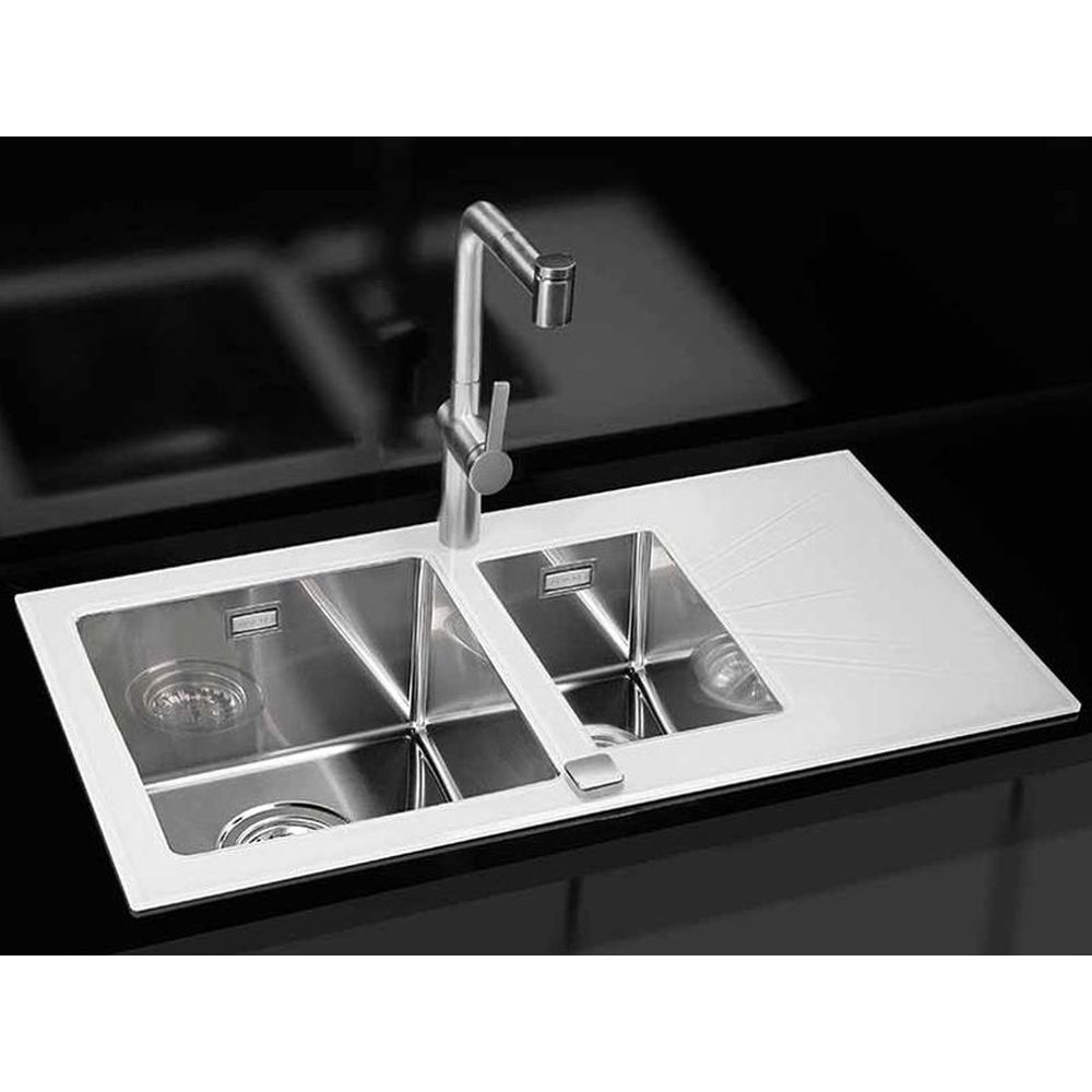 Chiuveta bucatarie inox doua cuve si sticla securizata alba, cuva stanga, Alveus Karat 20 [2]