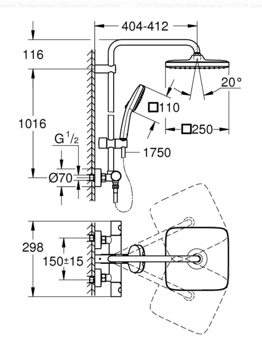Coloana de dus crom cu baterie termostatata Grohe Tempesta 250 Cube [5]