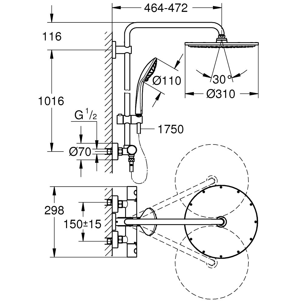 Coloana de dus cu baterie termostatata Grohe Euphoria System 310 antracit periat Hard Graphite [2]