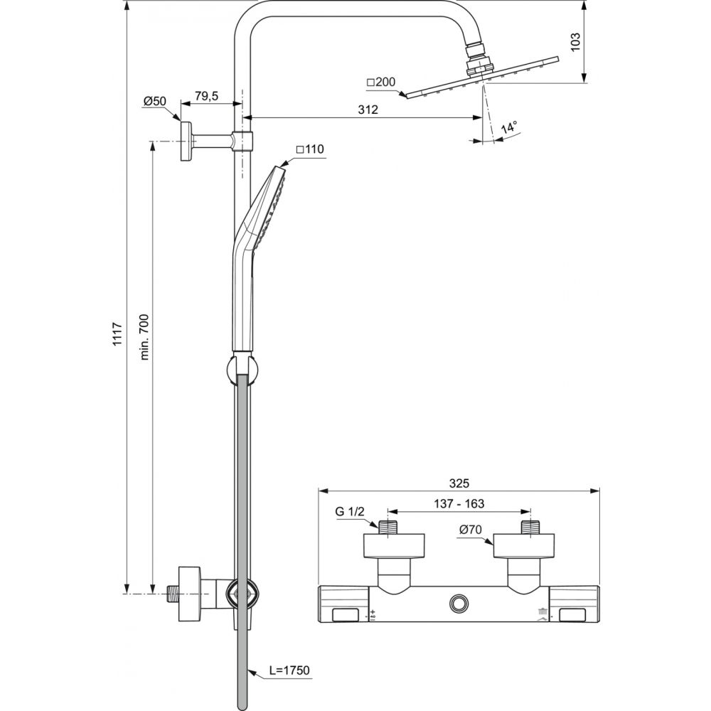 Coloana de dus cu baterie termostatata Ideal Standard Ceratherm T100 crom lucios, palarie patrata [8]