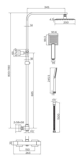 Coloana de dus cu baterie termostatata, neagra, Cersanit Bari [2]