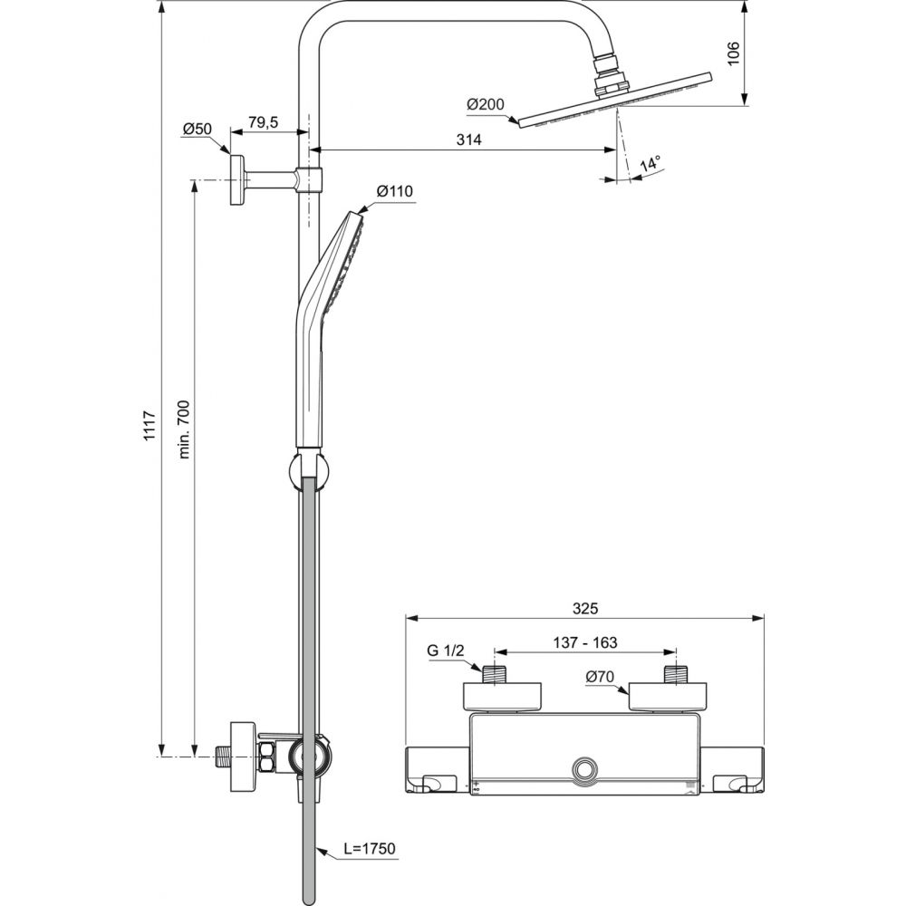 Coloana de dus cu baterie termostatata si etajera Ideal Standard Ceratherm T50 crom lucios [8]