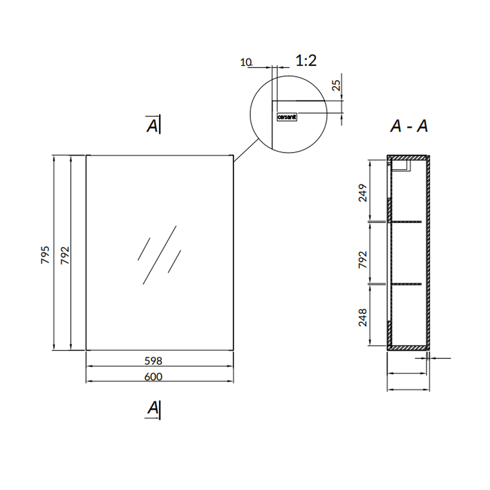 Dulap suspendat cu oglinda Cersanit Inverto, 60 cm, stejar, montat [3]