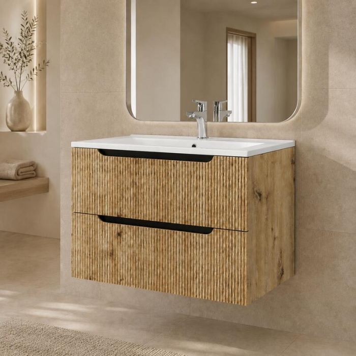 Dulap baie suspendat pentru lavoar 80 cm, cu riflaje rovere oro, Fluminia Malta [2]