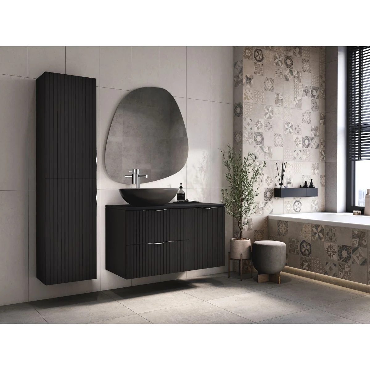Dulap baie suspendat tip coloana cu o usa riflat, 160 cm, negru mat, MDF, Cersanit Tirso [2]