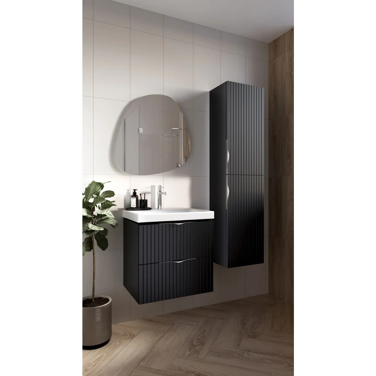 Dulap baie suspendat tip coloana cu o usa riflat, 160 cm, negru mat, MDF, Cersanit Tirso [3]