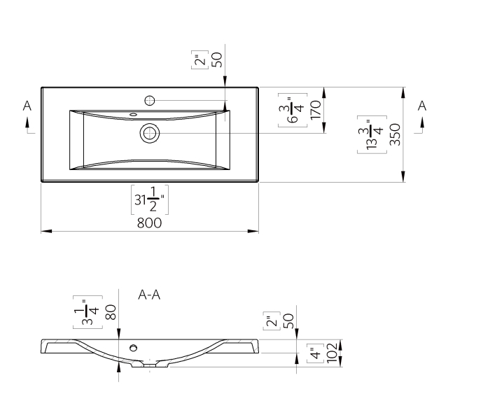 Lavoar din compozit incastrat 80 x 35 cm, alb lucios, dreptunghiular, Foglia Selina [2]
