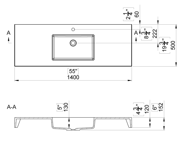 Lavoar baie din compozit mineral, montaj incastrat, 140 x 50 cm, alb lucios, Foglia Porto [2]