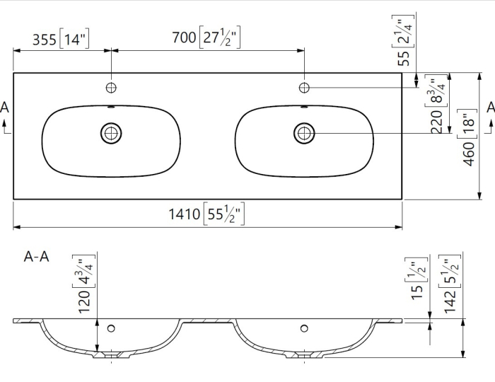 Lavoar incastrat dublu din compozit, 141 x 46 cm,  alb lucios, dreptunghiular, Foglia [3]