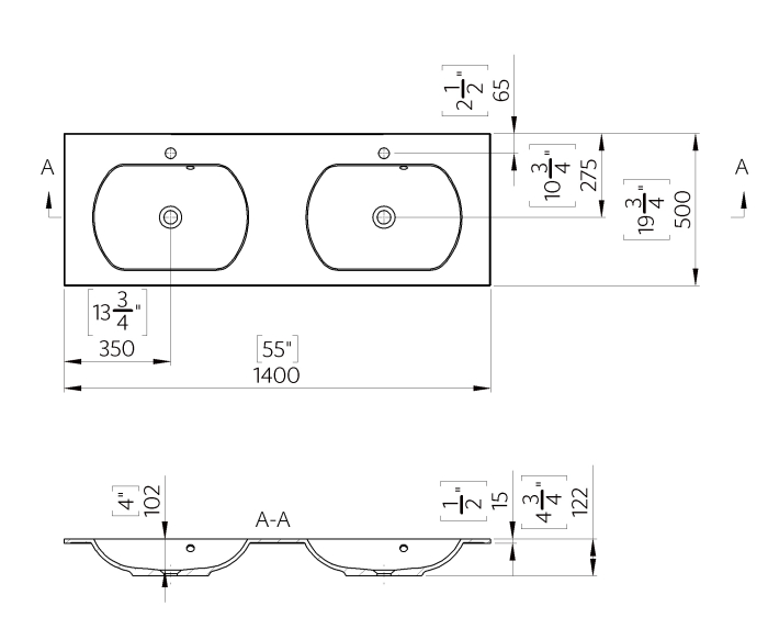 Lavoar incastrat dublu din compozit, 140 x 50 cm, alb lucios, dreptunghiular, Foglia Estella [2]