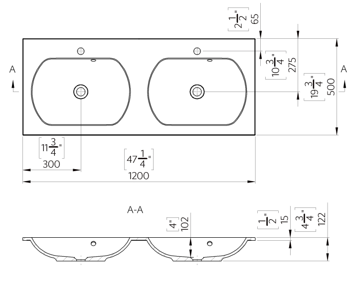 Lavoar incastrat dublu din compozit, 120 x 50 cm, alb lucios, dreptunghiular, Foglia Estella [2]