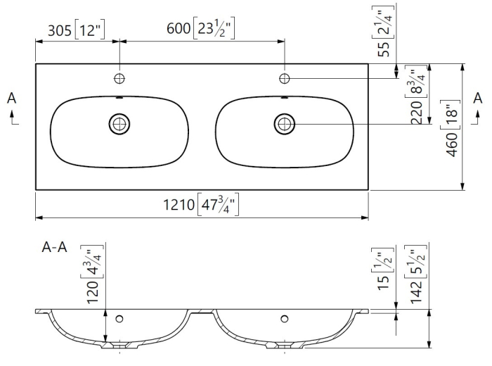 Lavoar incastrat dublu din compozit, 121 x 46 cm, alb lucios, dreptunghiular [2]