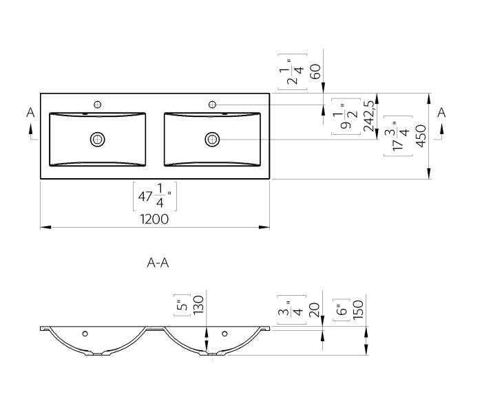 Lavoar incastrat dublu din compozit Foglia Yrsa, alb lucios, dreptunghiular, 120 x 45 cm [2]