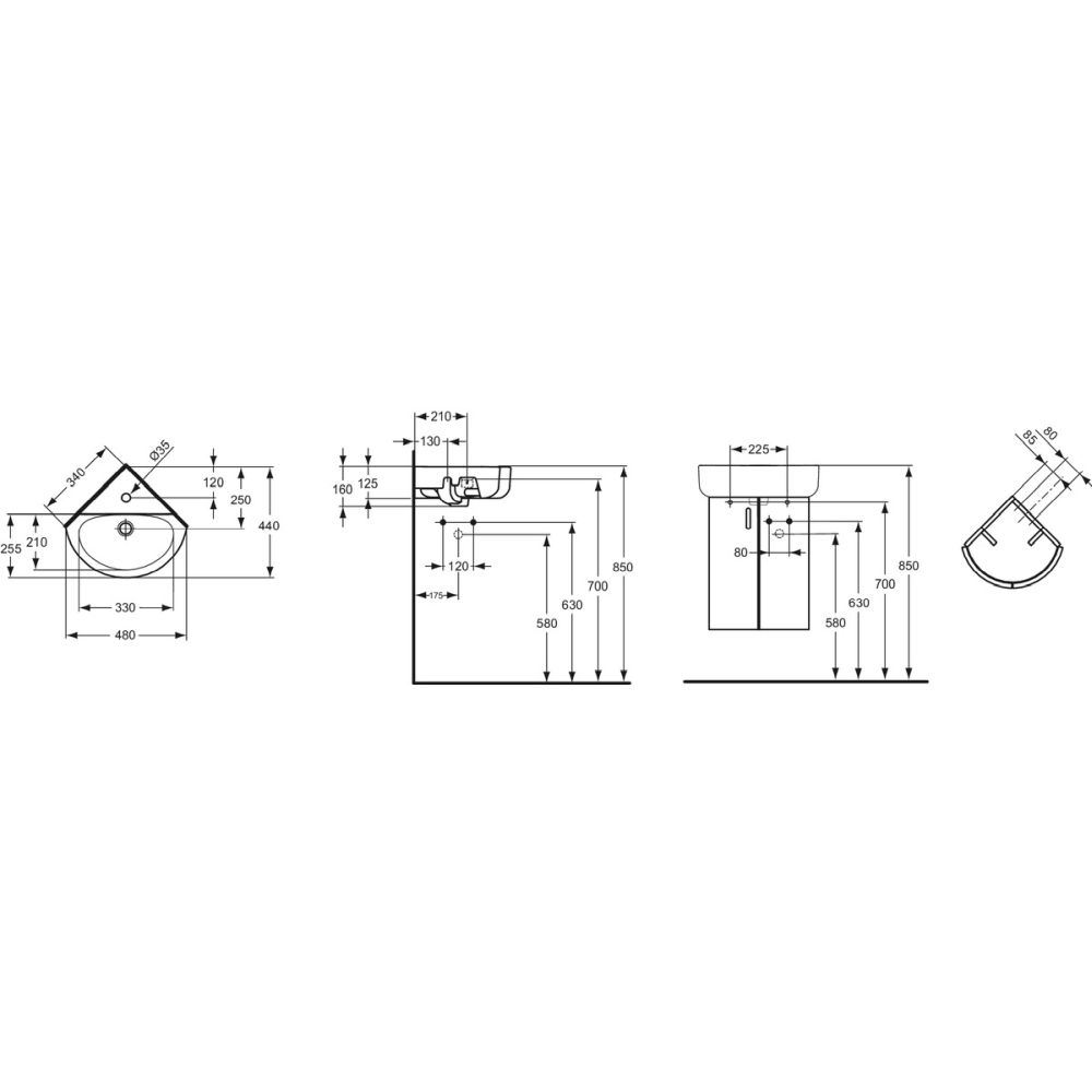 Lavoar baie pe colt alb 48 cm, orificiu baterie si preaplin, Ideal Standard Connect Space [5]