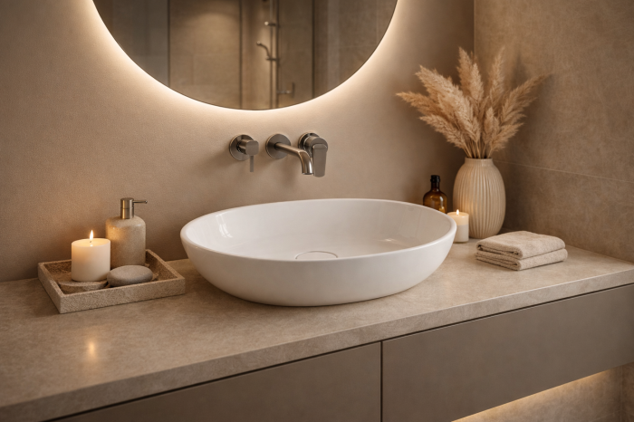 Lavoar baie compozit cu montare pe blat 60 cm, alb, oval, Foglia Bella [2]