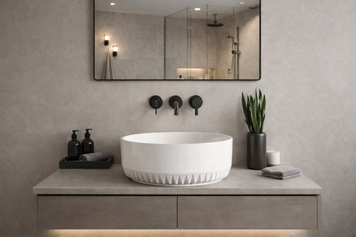 Lavoar baie compozit pe blat, alb, rotund, Foglia Rondo Z [2]