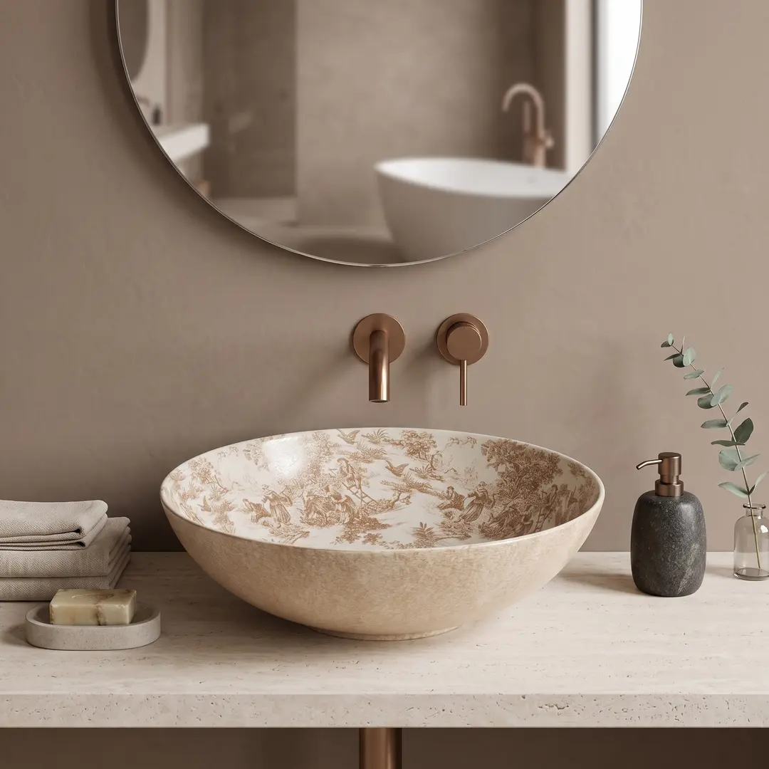 Lavoar baie cu montare pe blat 40 cm, rotund, maro cu motive decorative, Rea Juliana [5]